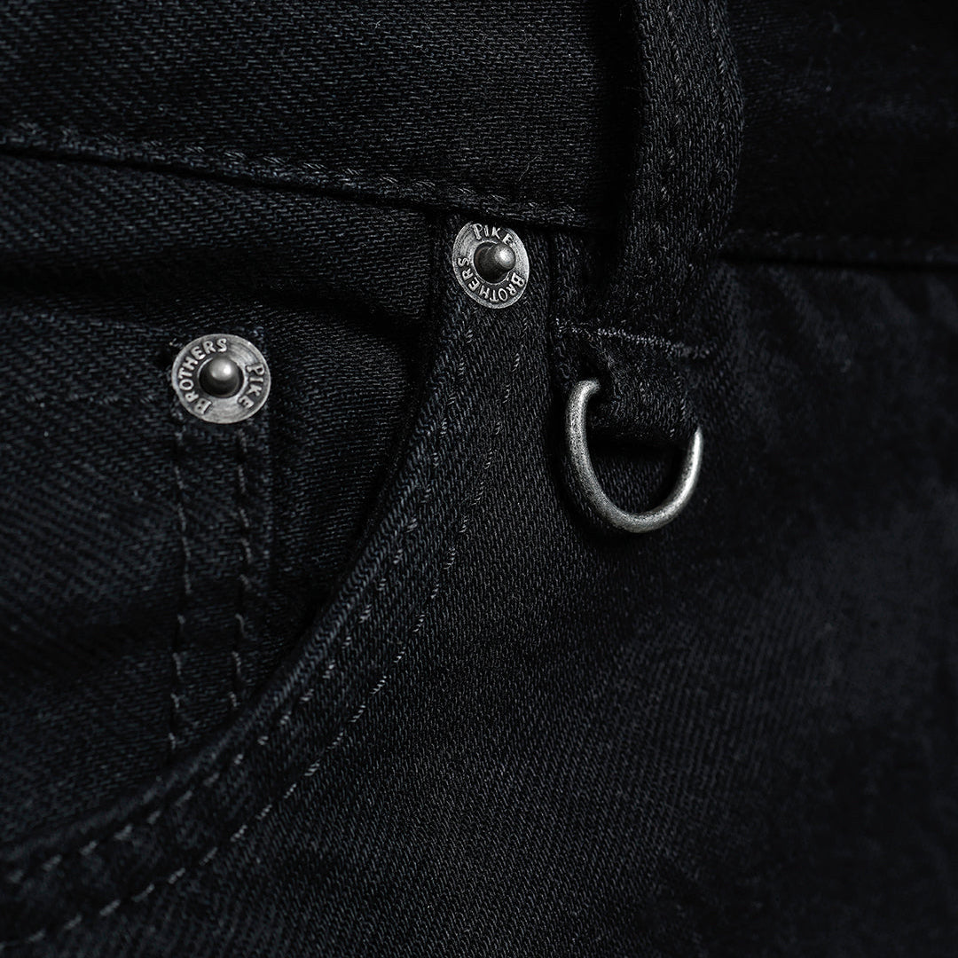 Close-up on the D-ring on Pike Brothers 1958 Roamer Pants in Pitch Black Candiani Denim