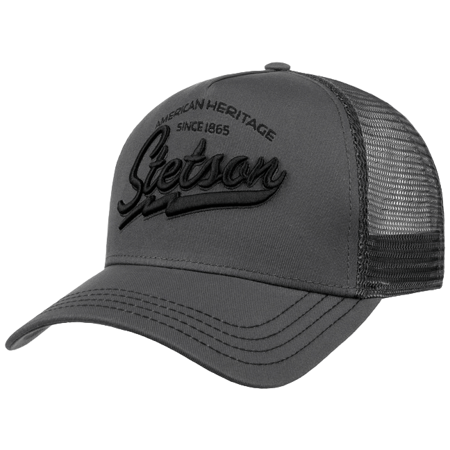 A gray Stetson trucker cap with mesh back and embroidered lettering on the front.