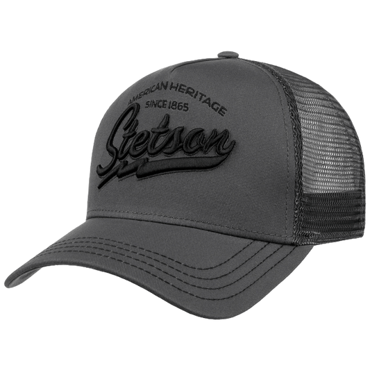 A gray Stetson trucker cap with mesh back and embroidered lettering on the front.