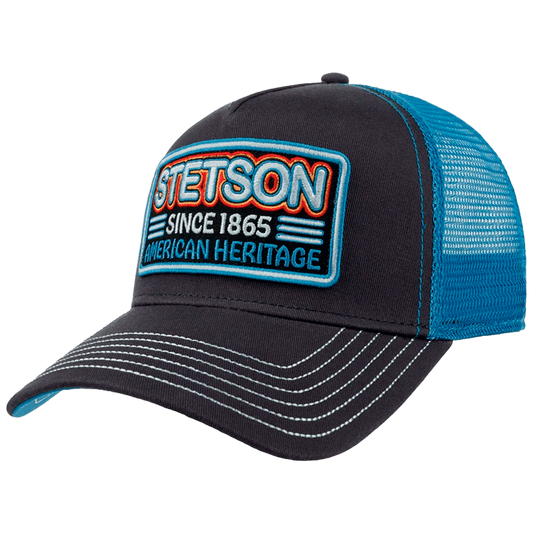 A black and blue Stetson trucker cap with a mesh back and a prominent Stetson logo on the front.