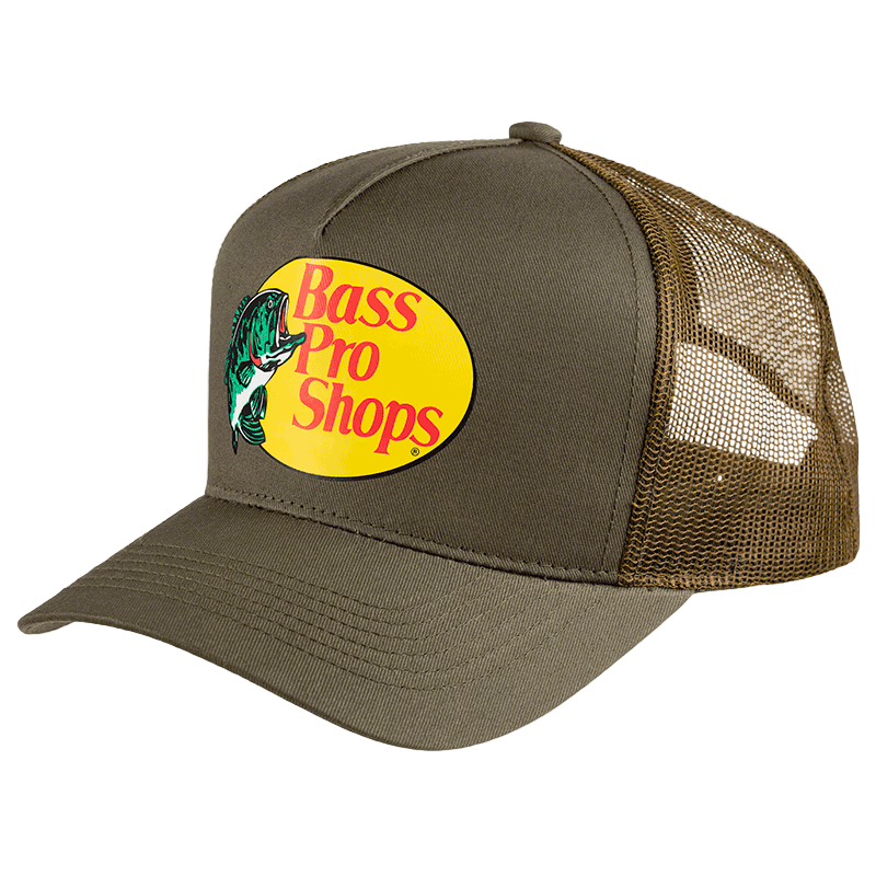 Olive green cap with mesh back and Bass Pro Shops logo