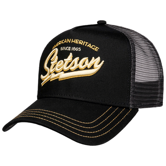 Black trucker cap with gold text