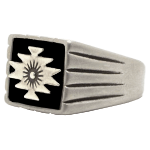 Silver ring with a black and silver design