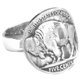 Silver ring with a coin design featuring a buffalo