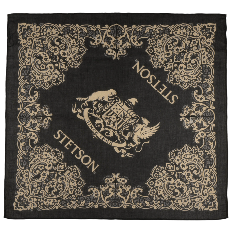 Black bandana with beige paisley patterns and Stetson logo