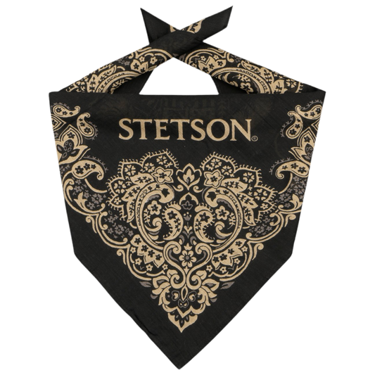 Black bandana with gold patterns and 'Stetson' branding on a white background