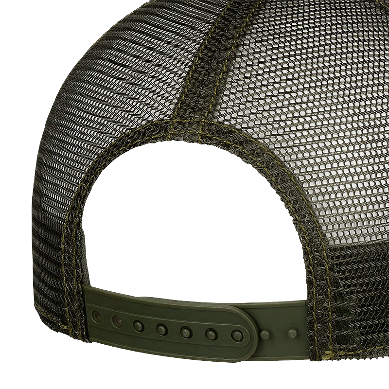 Close-up of a green mesh cap and snapback.