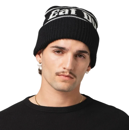Man wearing Eat Dust Easy Beanie Merino Wool Black