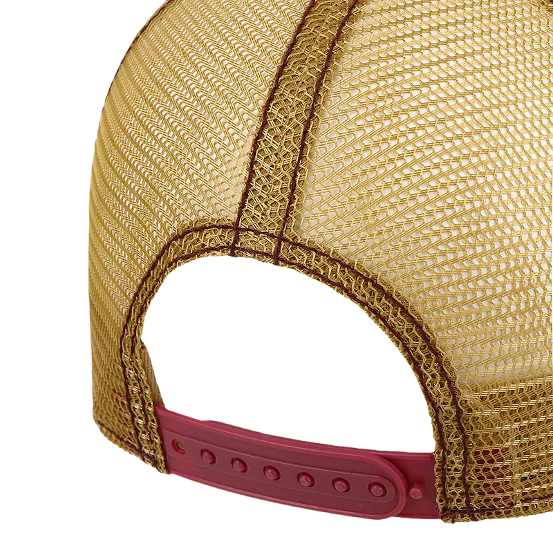 Close-up of a mesh cap with a red brim.