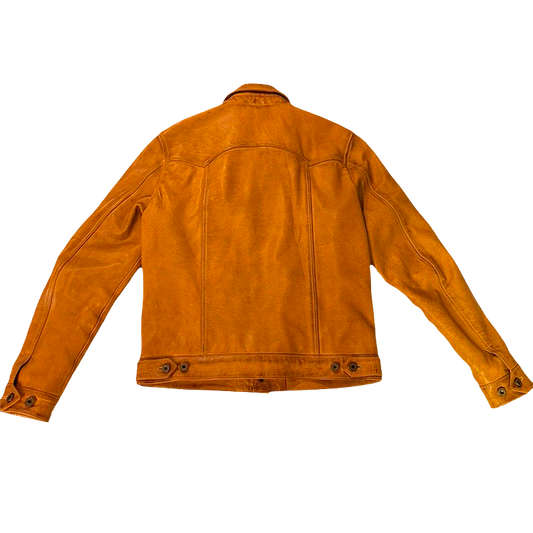 An orange-brown Goldrush leather jacket by Master Supply Co. seen from the back.