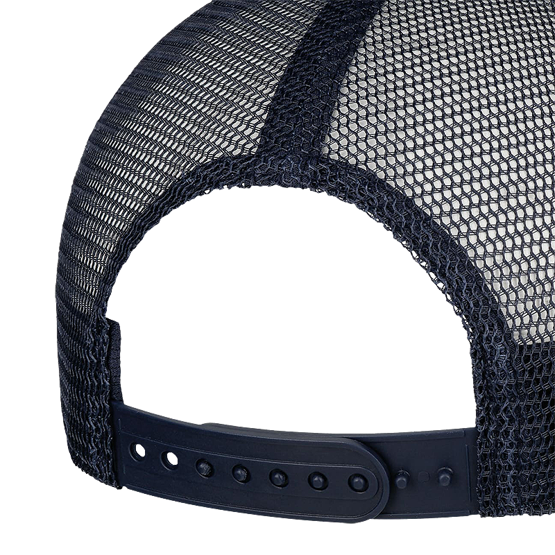 Close-up of a navy mesh cap snapback