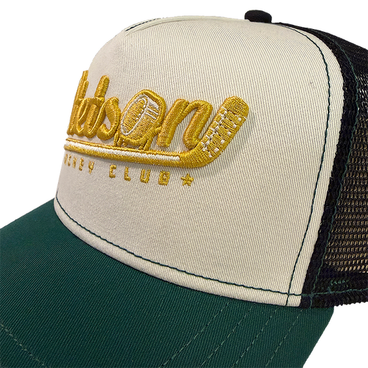Close-up of the embroidery on Stetson Hockey Club Trucker Cap.