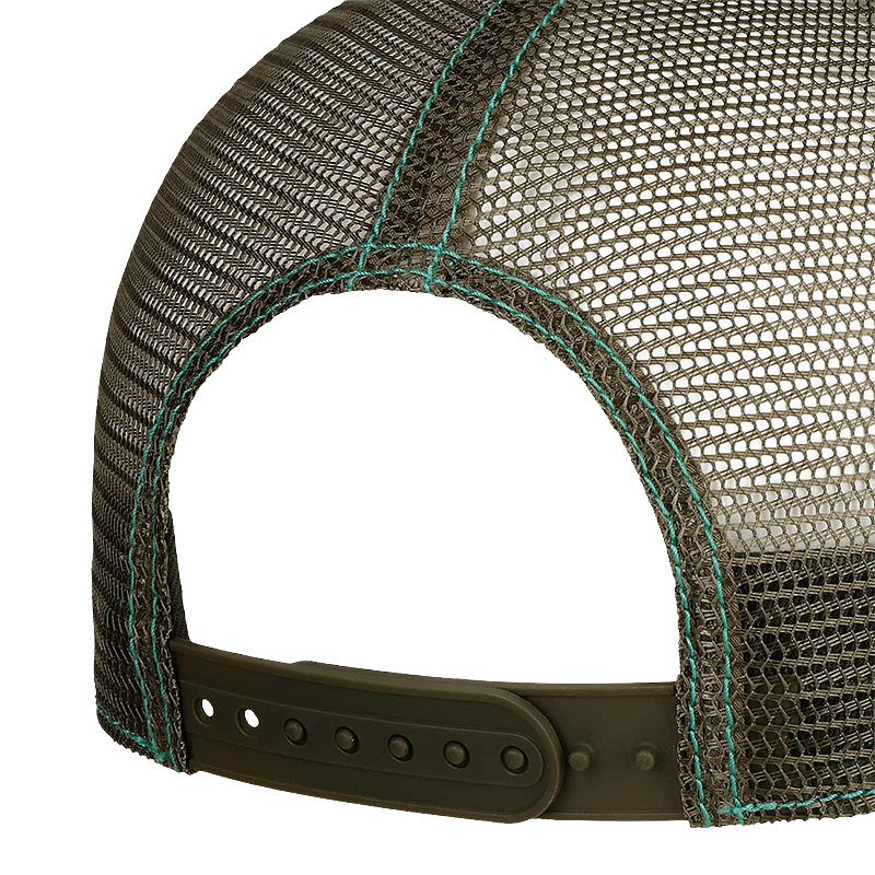 Close-up of a mesh cap with a brown strap