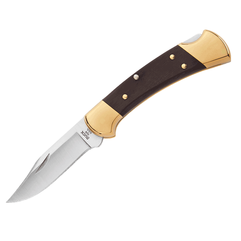 Knife with brown wooden handle and gold accents
