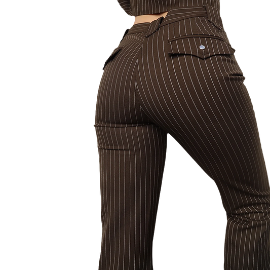 A woman wearing the H Bar C Western Pants "Bakersfield" in brown pinstripe