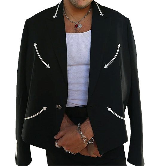 Person wearing a black H Bar C Calamity jacket with white accents, white shirt, and brown cowboy hat