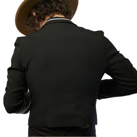 Man wearing a black western suit and brown hat from behind