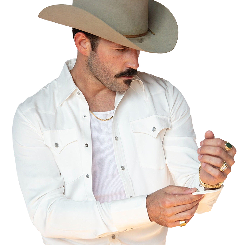 Man wearing a cowboy hat and white H Bar C western shirt