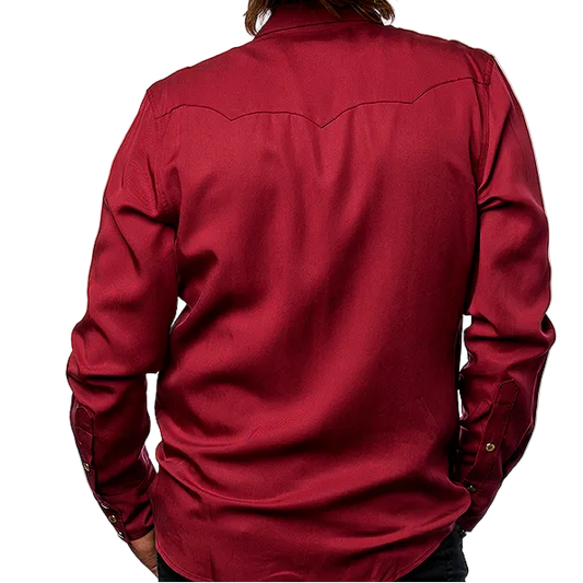 Person wearing a red H Bar C Kansas City western shirt