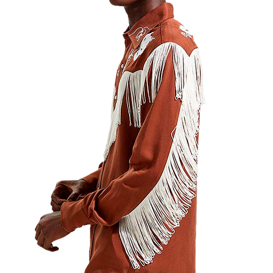 Man wearing a brown H Bar C Taos western shirt with white fringe