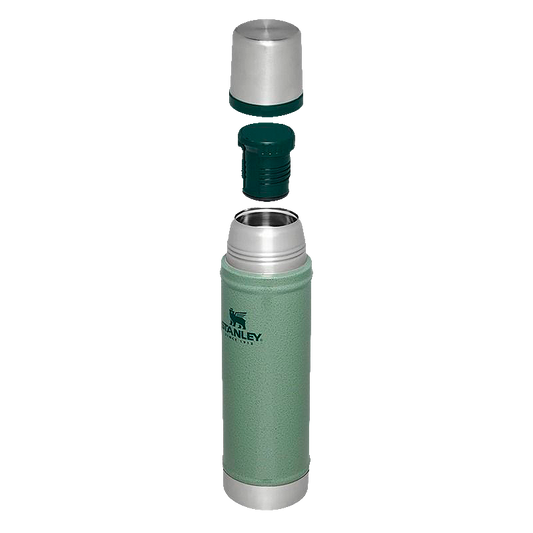 A Stanley vacuum-insulated bottle shown disassembled with its cap and neck removed, revealing the inner opening. The bottle has a textured Hammertone Green body with a silver stainless steel neck and base, and a dark green threaded neck insert.