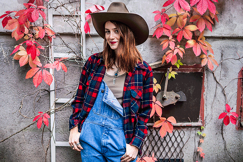 A woman wearing a Pendleton Board Shirt.