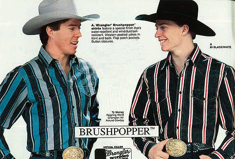 Two men wearing colorful western shirts called Wrangler Brushpoppers.