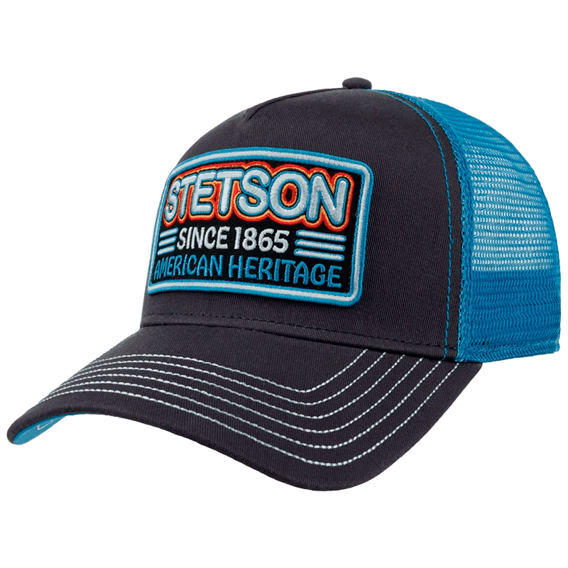 A black and blue Stetson trucker cap with a mesh back and a prominent Stetson logo on the front.