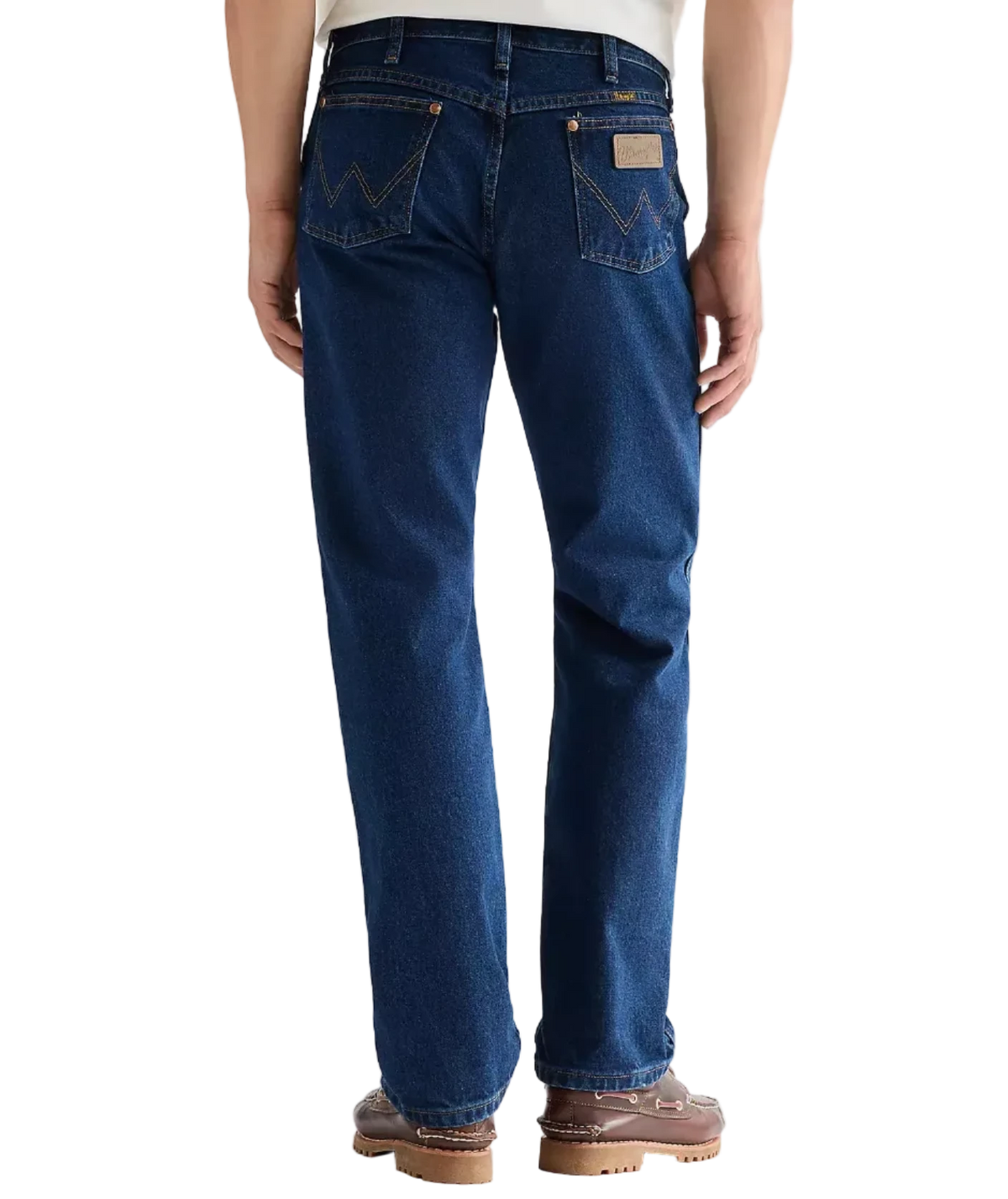 Person wearing blue Wrangler 13MWZ Cowboy Cut jeans.