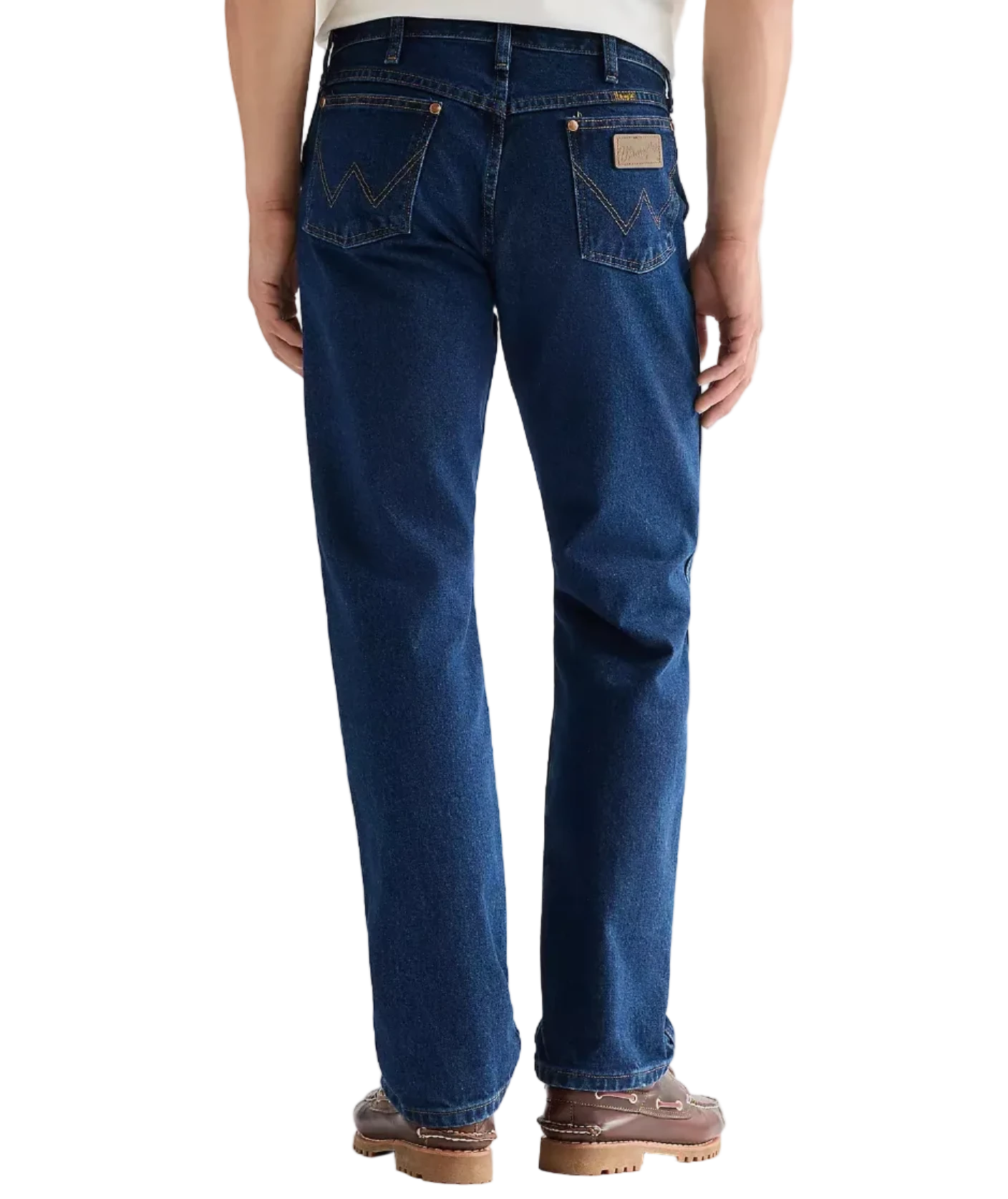 Person wearing blue Wrangler 13MWZ Cowboy Cut jeans.