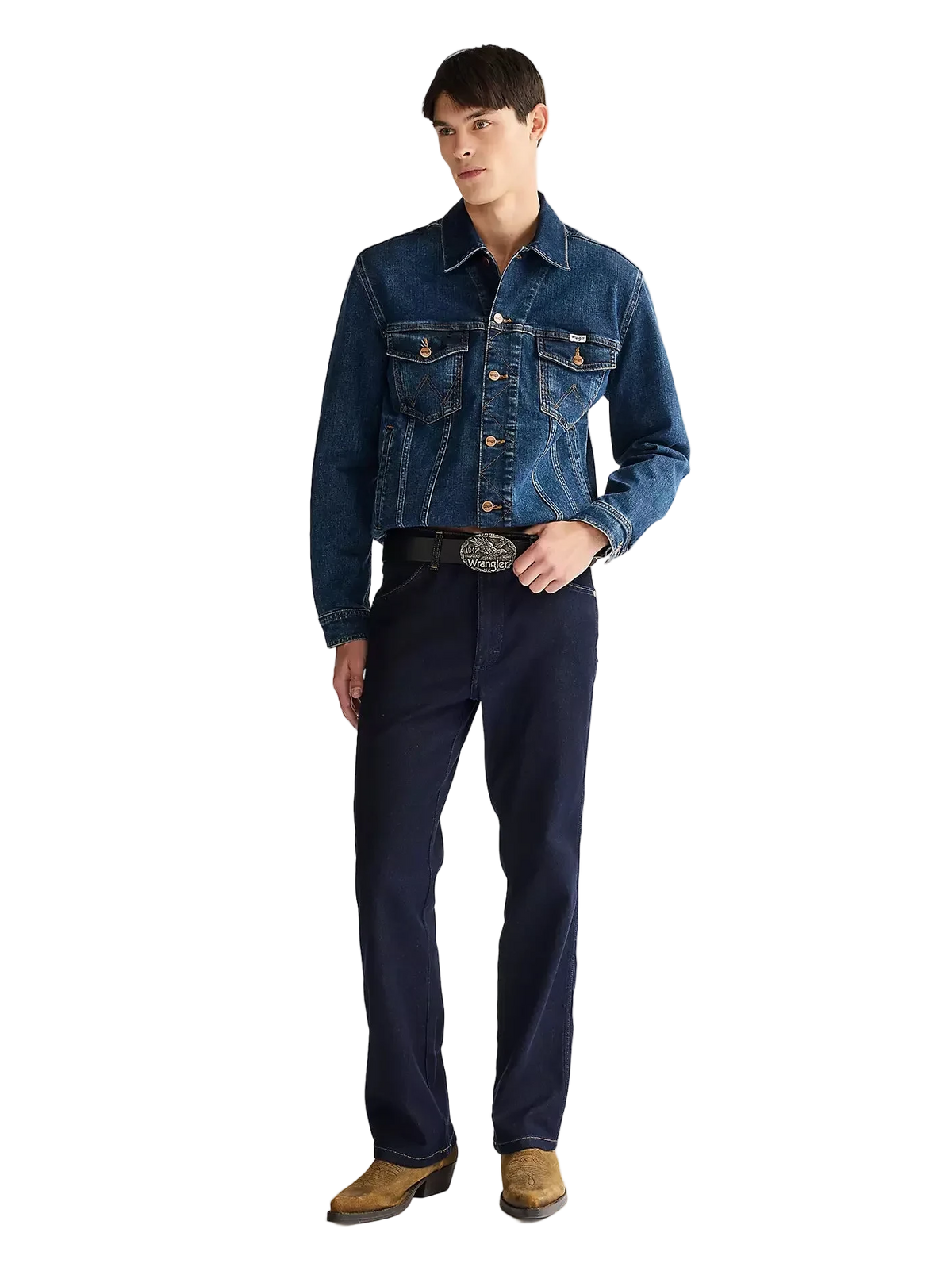 Man wearing a blue denim jacket and jeans with brown boots