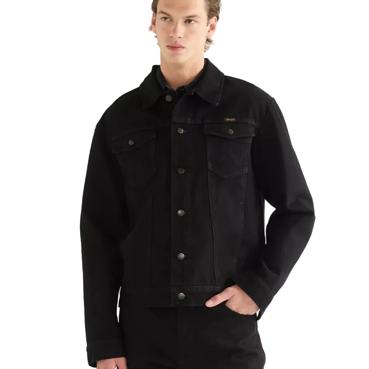 A man wearing a Wrangler black Cowboy Cut denim trucker jacket and matching black jeans.
