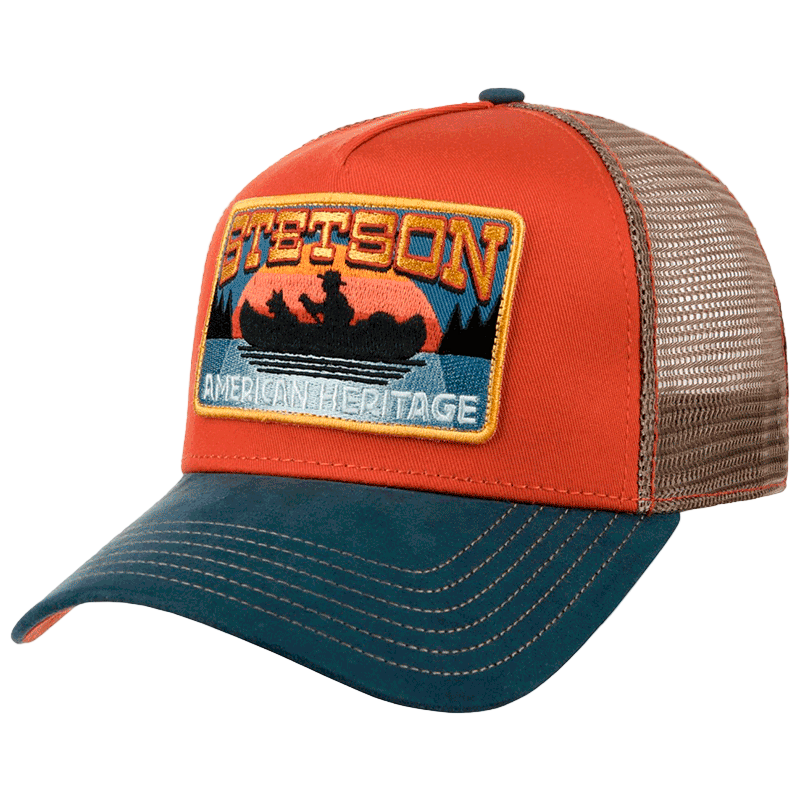 Orange and blue cap with a Stetson patch