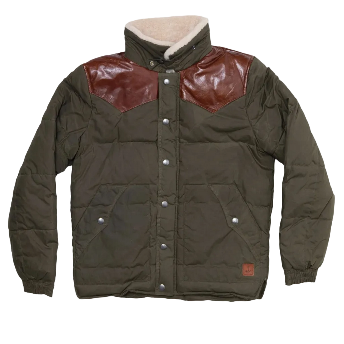 Iron And Resin Basin Jacket in olive, with the collar lifted up. 
