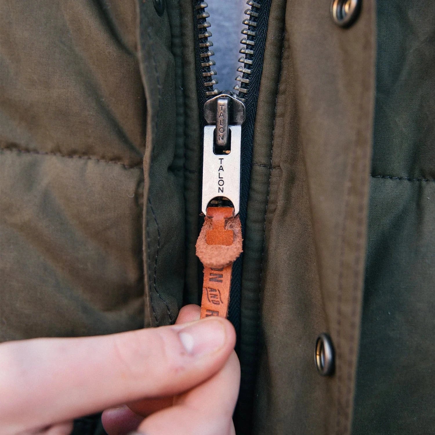 Close-up of a Talon Zipper on a jacket. 