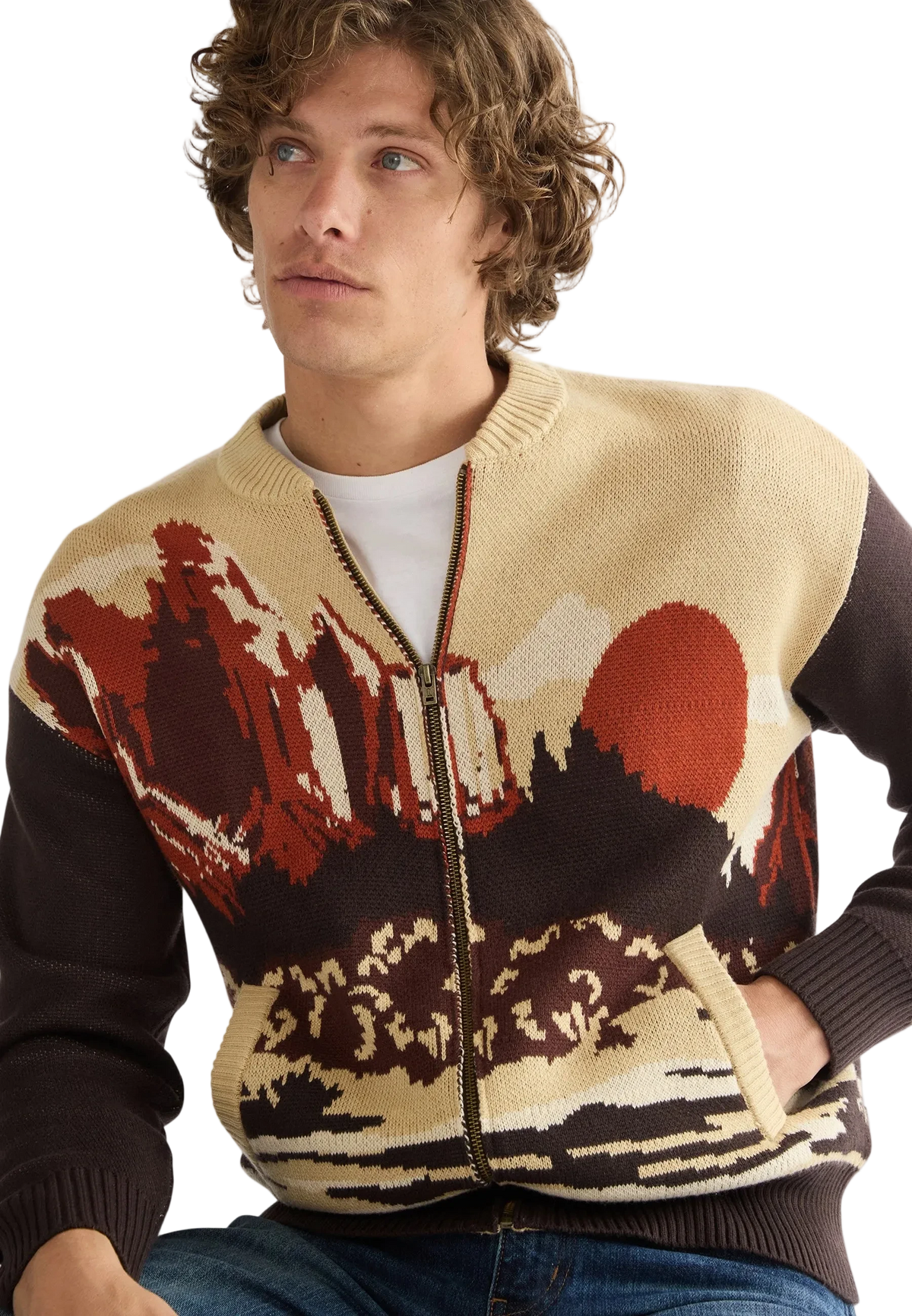 A man wearing a knit zip-up sweater with a scenic landscape pattern in beige, brown, and red, paired with a white t-shirt and blue jeans, set against a plain light background.