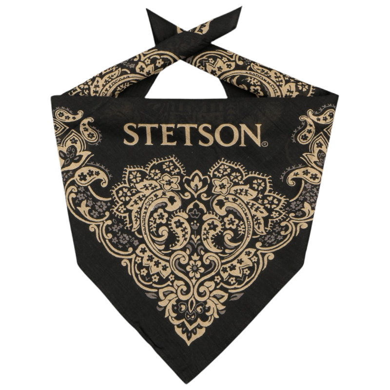 Black bandana with gold patterns and 'Stetson' branding on a white background
