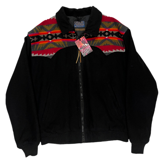 Black jacket with colorful patterned shoulders.