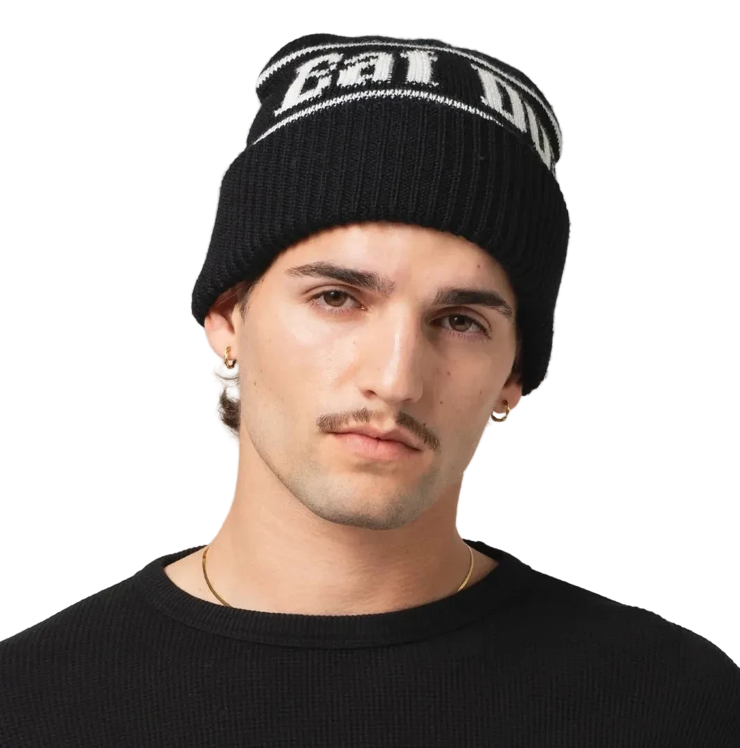Man wearing Eat Dust Easy Beanie Merino Wool Black