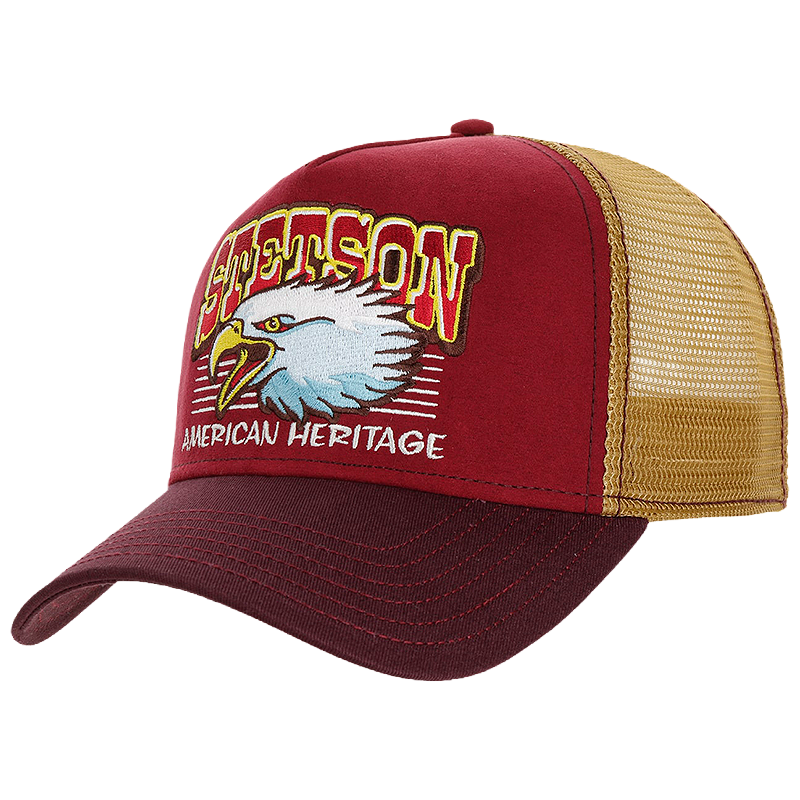 Red and beige cap with eagle design and 'Stetson American Heritage' text