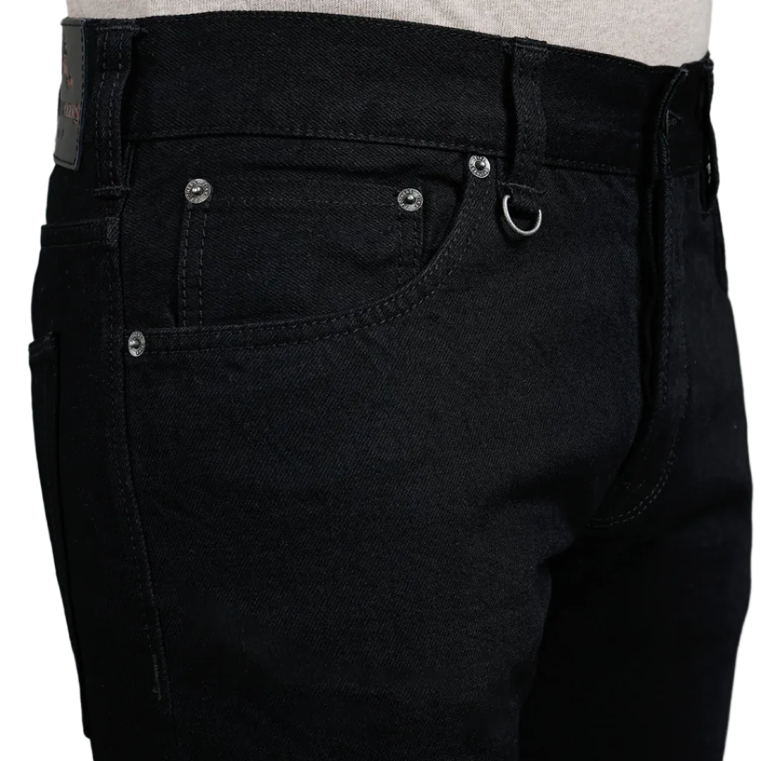 Pike Brothers 1958 Roamer Pants Jeans in Pitch Black Candiani Denim. Photo on the waist. 