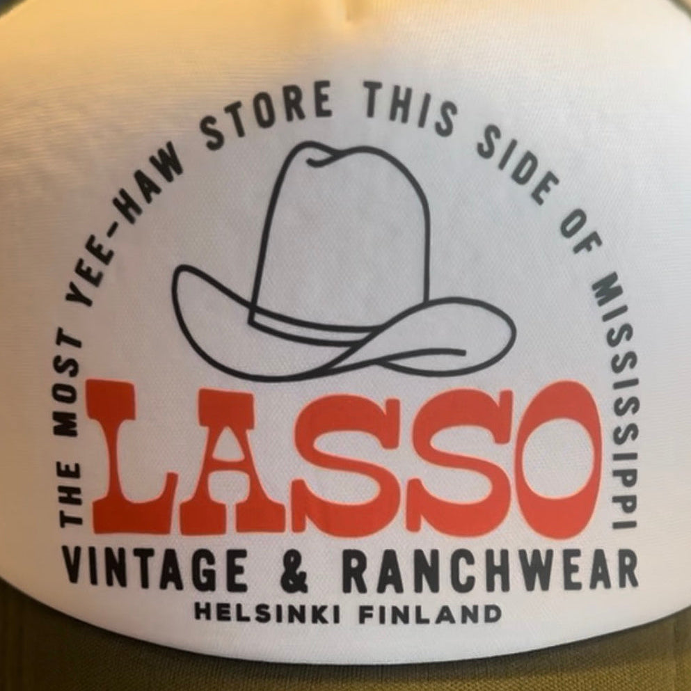 Close-up of a print on a Lasso Foam Trucker Cap