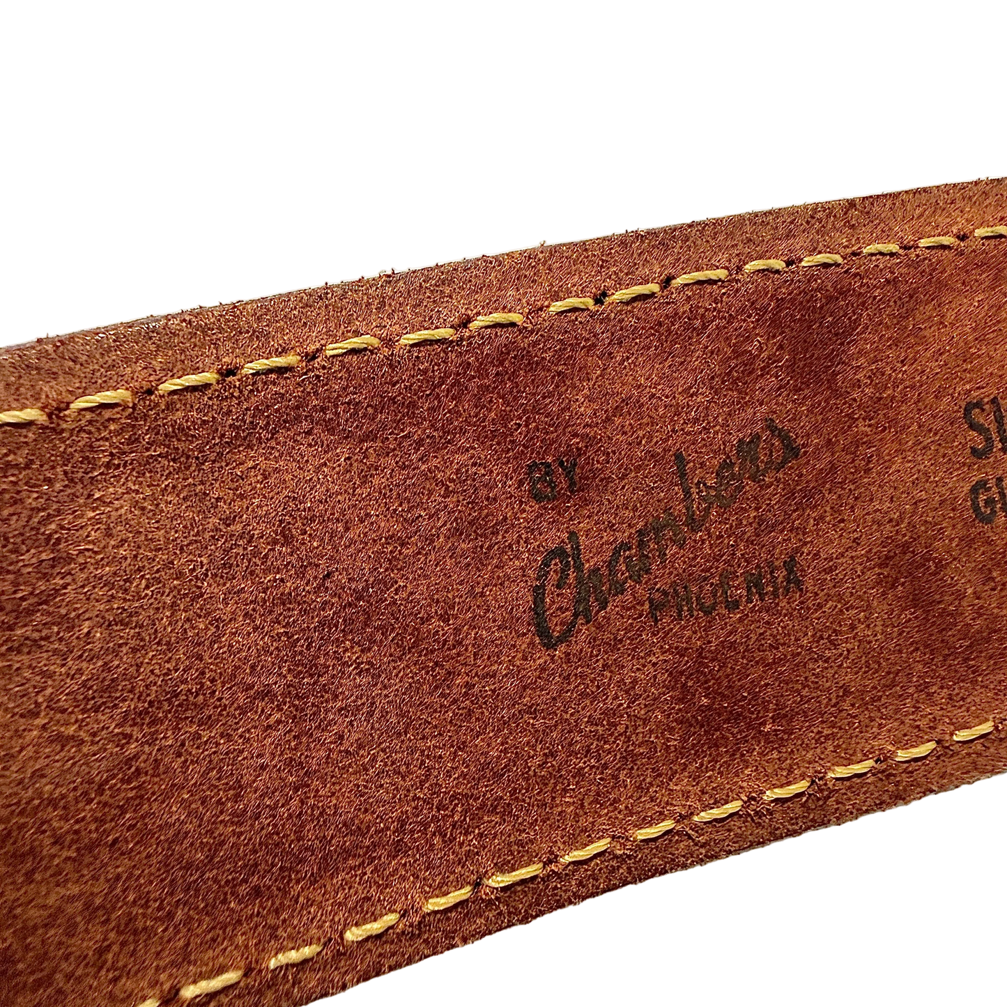 The backside of the leather belt by Chambers Belt Co.