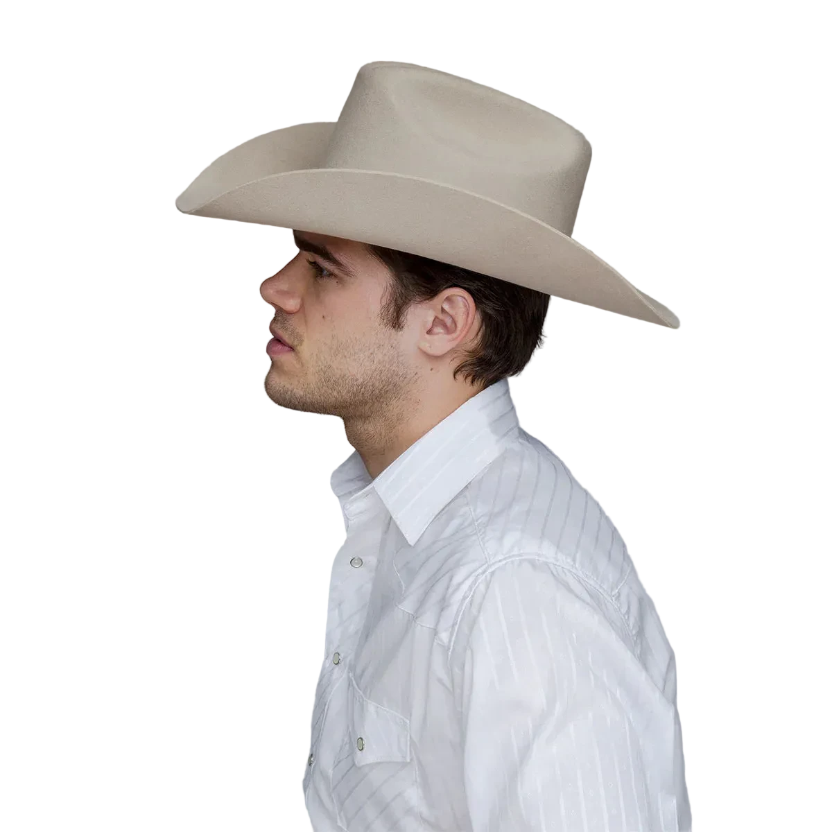 Man wearing a Bailey Stampede cowboy hat and a white western shirt