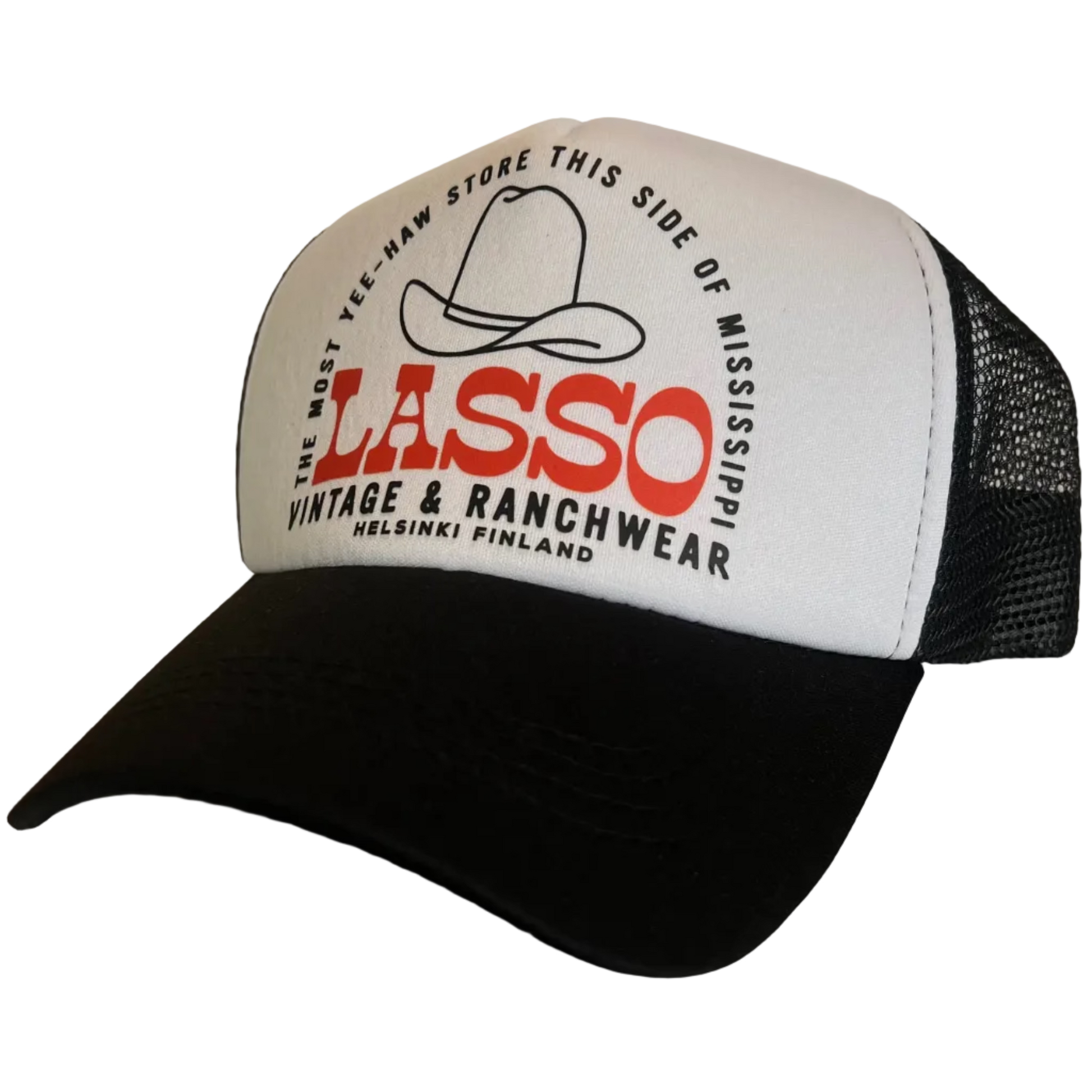 Lasso Trucker Hat with foam front and black mesh back.