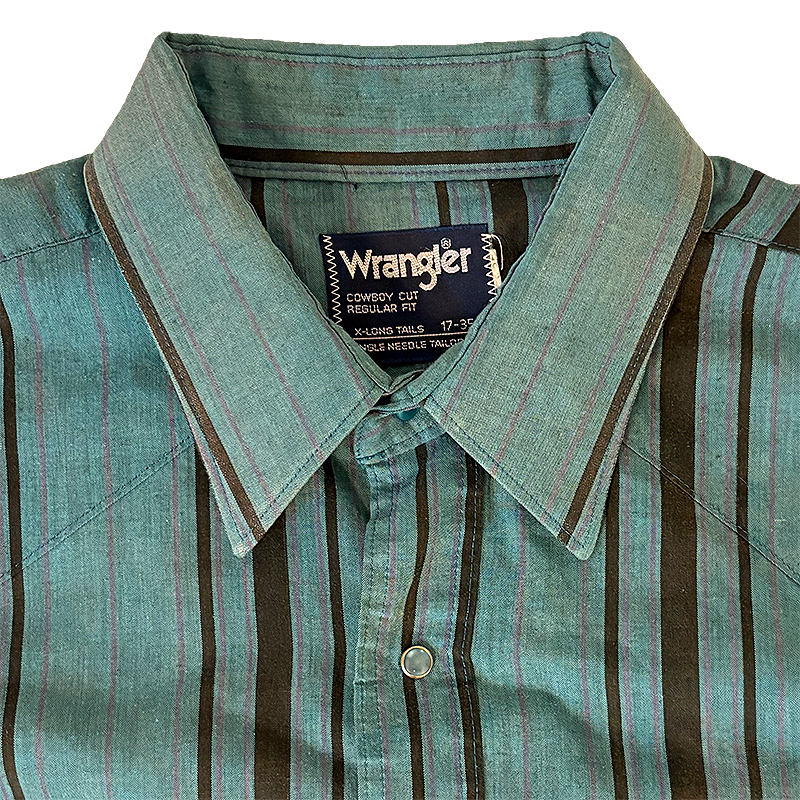 Close-up of a Wrangler shirt with a striped pattern and collar.