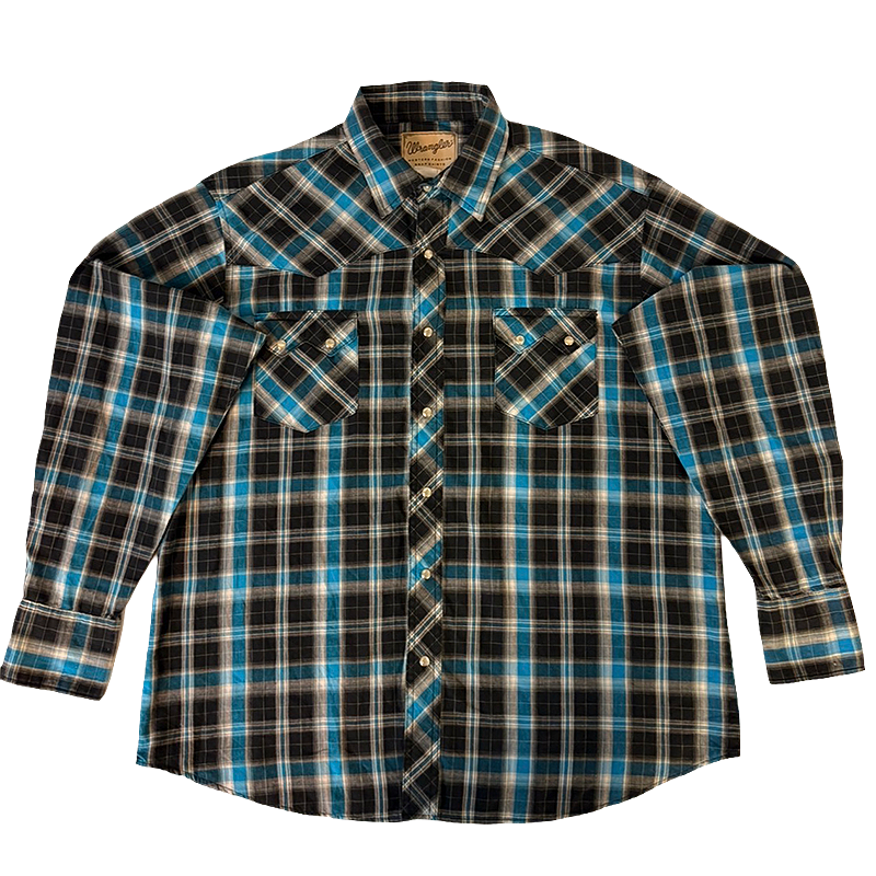 1980s Wrangler Western Shirt with blue and black plaid pattern.