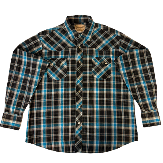 1980s Wrangler Western Shirt with blue and black plaid pattern.