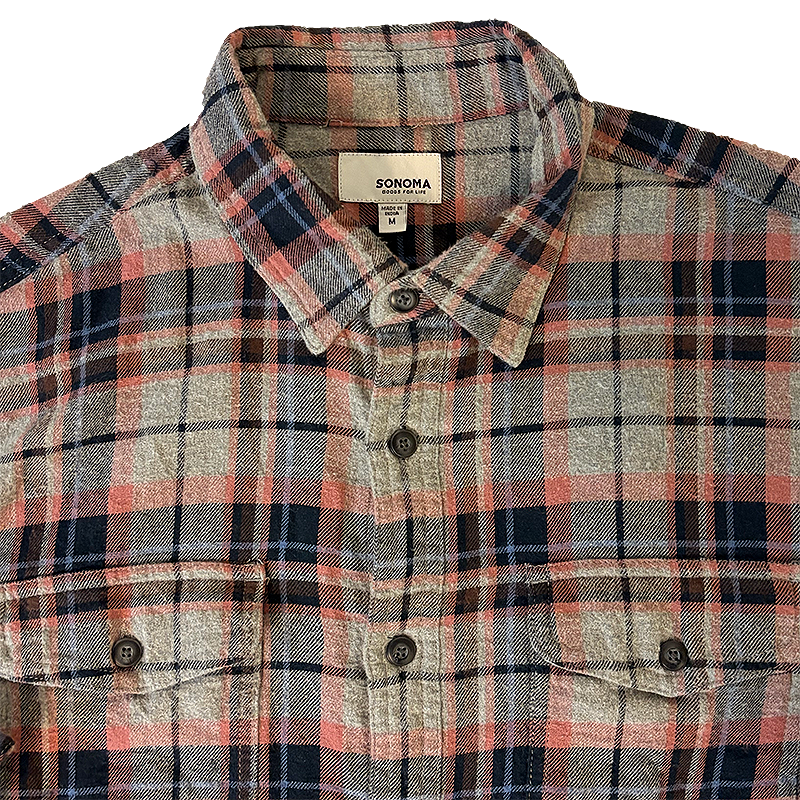 Plaid flannel shirt with collar and buttons, featuring a visible Sonoma brand label.