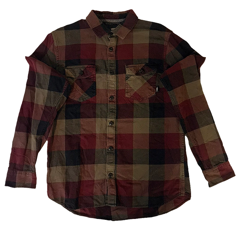 Vans work shirt with a mix of brown, red, and beige colors.